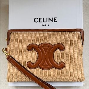 CELINE Raffia Calfskin Small Triomphe Pouch Tan